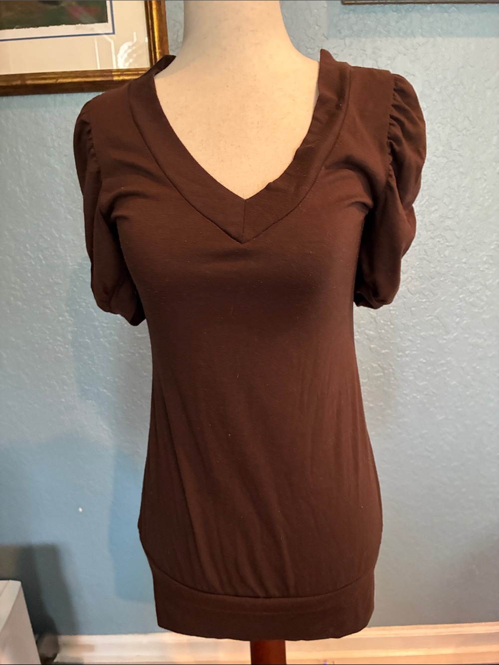 American Dream Brown V-Neck Puff Sleeve Tee